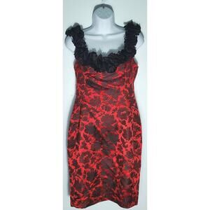 Maggie of London Womens Ruffled Red Jacquard Sleeveless Dress SIze 4 Y2K Sexy